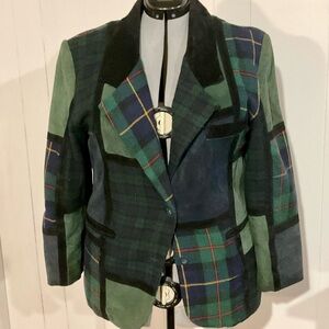 Brandon Thomas Green Black Blue Patchwork Blazer Tailored Wool Suede Leather